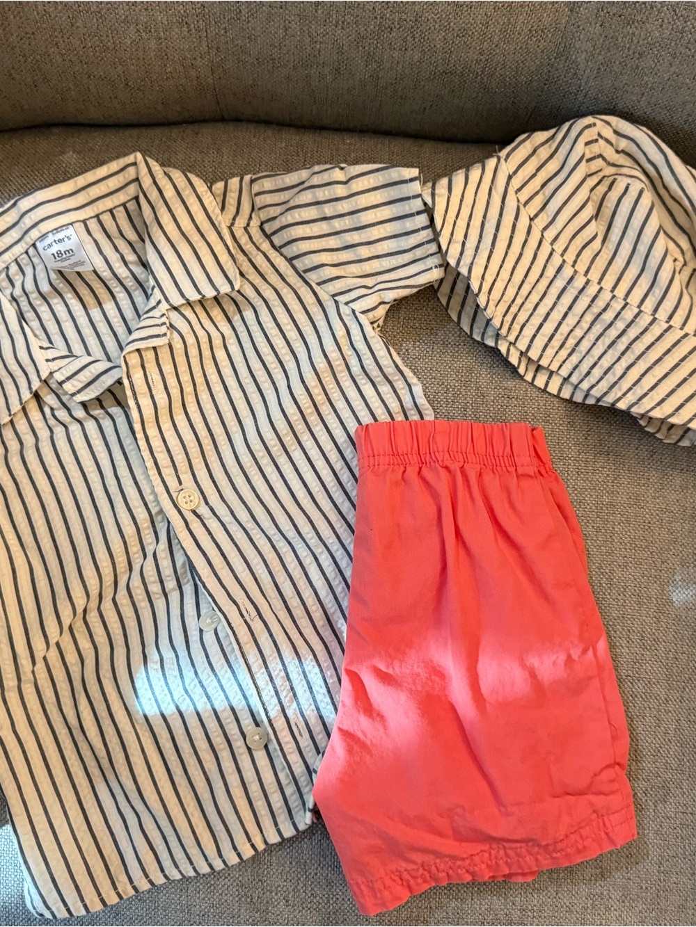 Carter's Striped Button-Up Shirt with Matching Hat - Cream & Navy